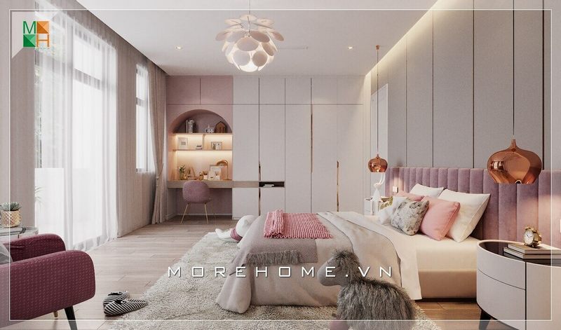 Mẫu thiết kế tủ quần áo kịch trần cửa mở bằng gỗ công nghiệp giúp cho không gian căn phòng gọn gàng hơn
